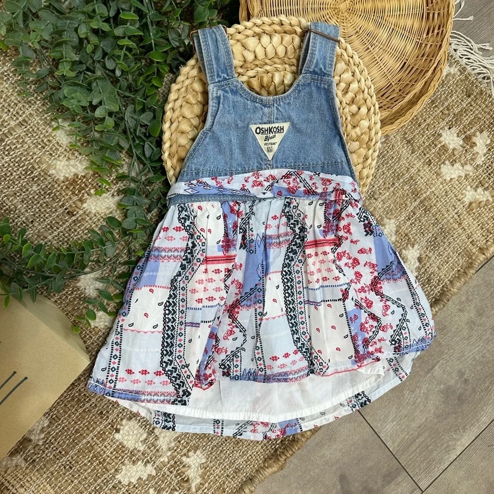 OshKosh B'gosh Red White Blue Denim Bandana Patchwork Overalls Dress Baby Girl